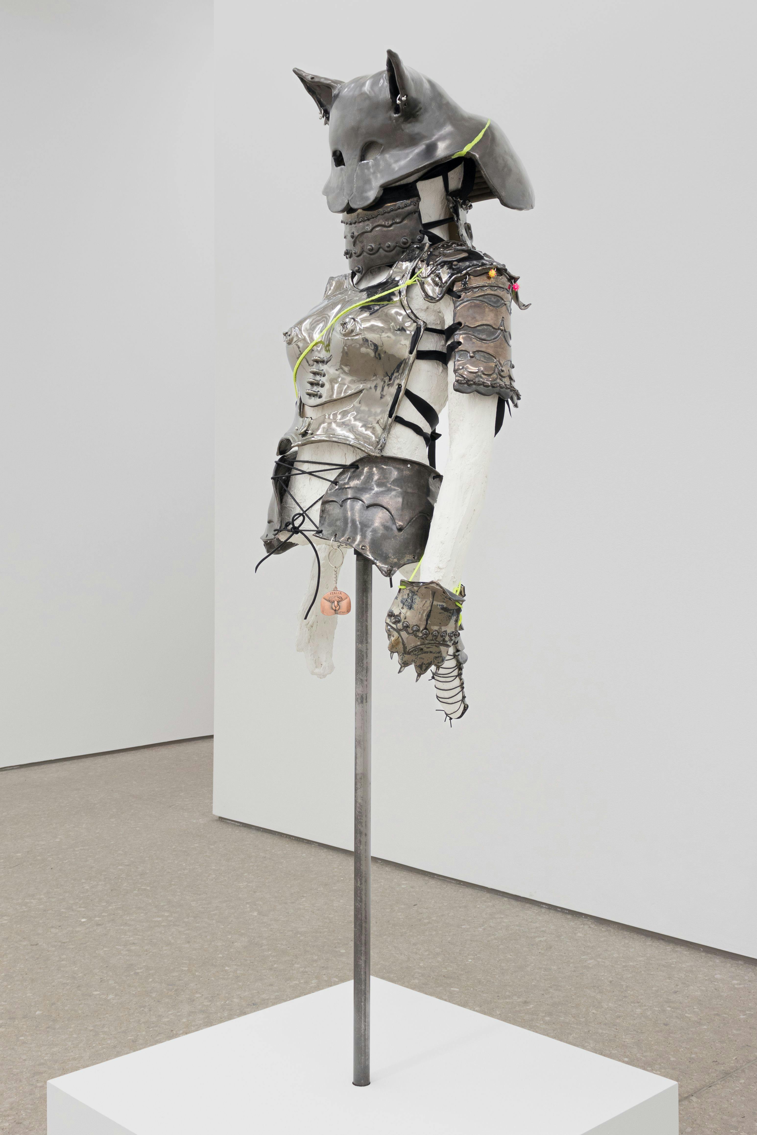 Catsuit 5, 2023

glazed stoneware, plaster, wire, satin ribbon, rubber cord, sterling and stainless steel jewelry

65h x 20w x 18d in