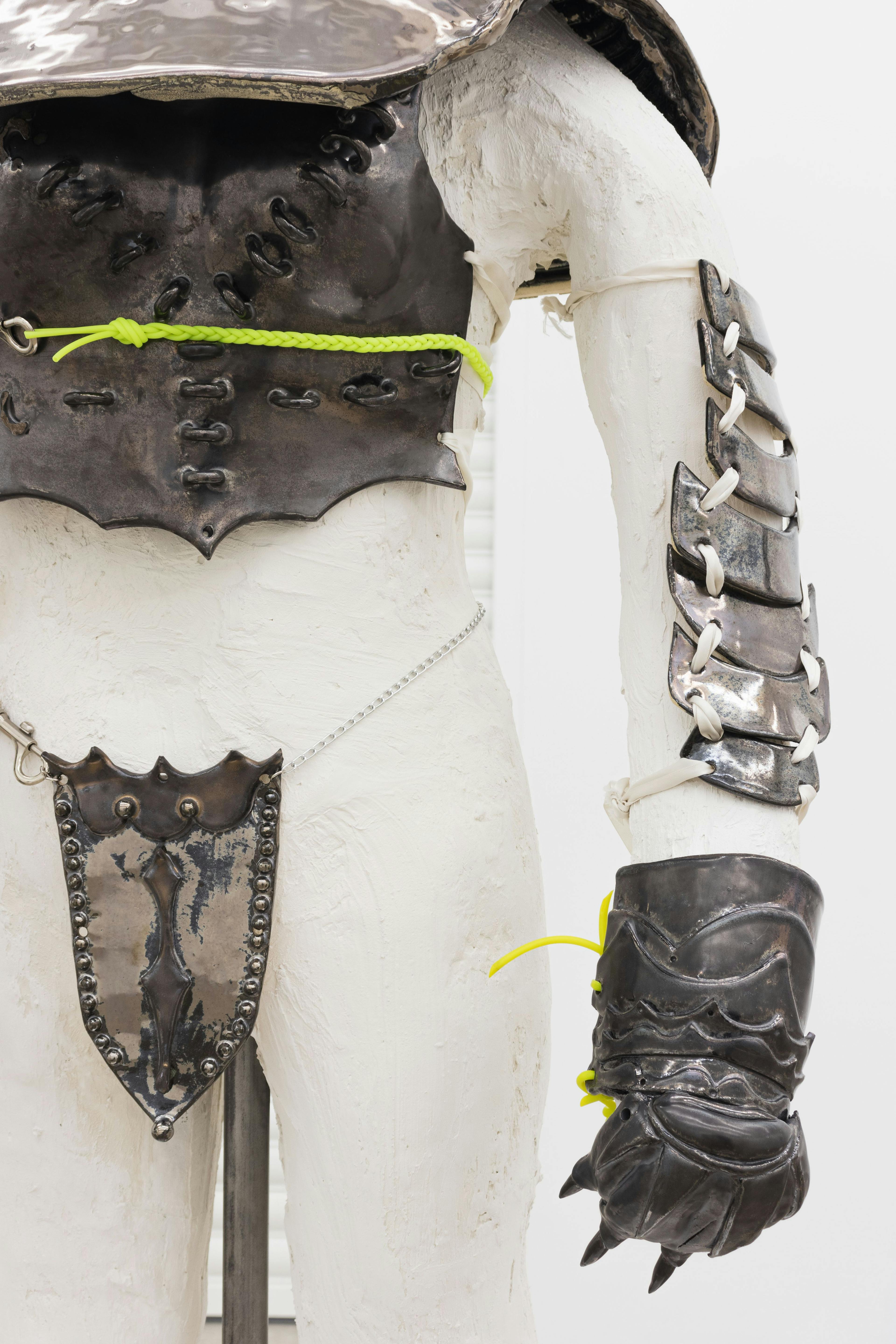 Catsuit 1, 2023

glazed stoneware, plaster, wire, satin ribbon, rubber cord, sterling and stainless steel jewelry

46h x 29w x 17d in