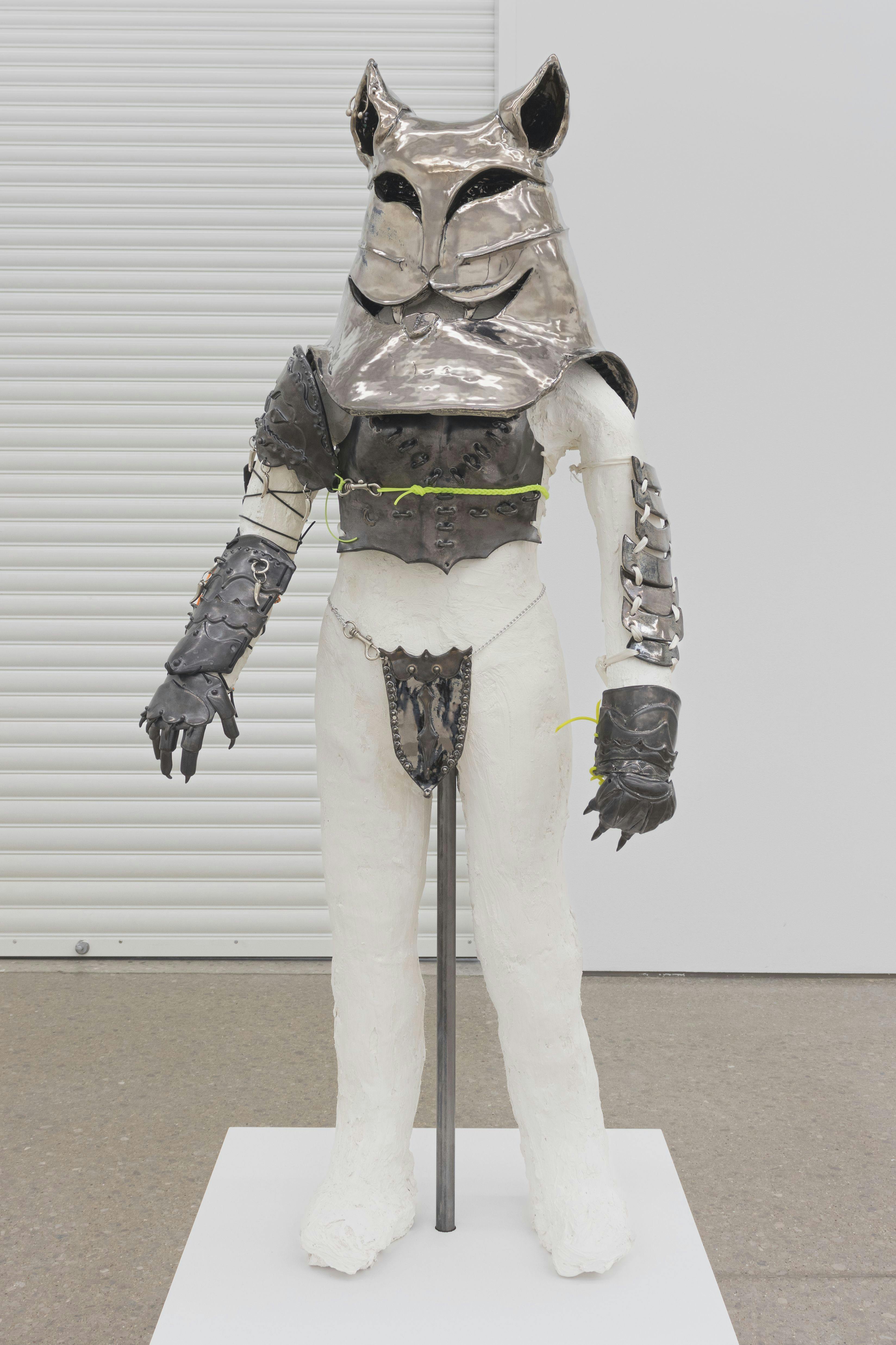 Catsuit 1, 2023

glazed stoneware, plaster, wire, satin ribbon, rubber cord, sterling and stainless steel jewelry

46h x 29w x 17d in


